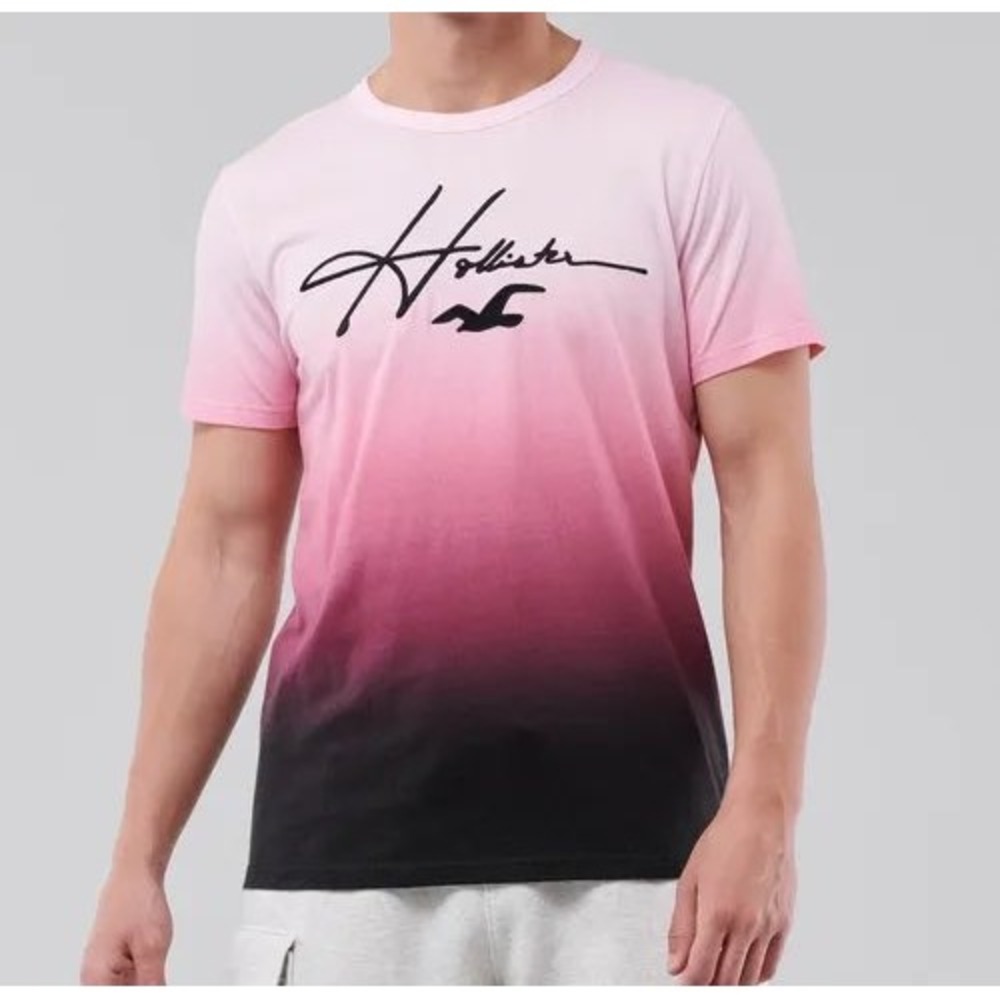 Hollister Mens XS Pink Black Ombre Gradient T-Shirt Script Logo Mallgoth‎ Y2K